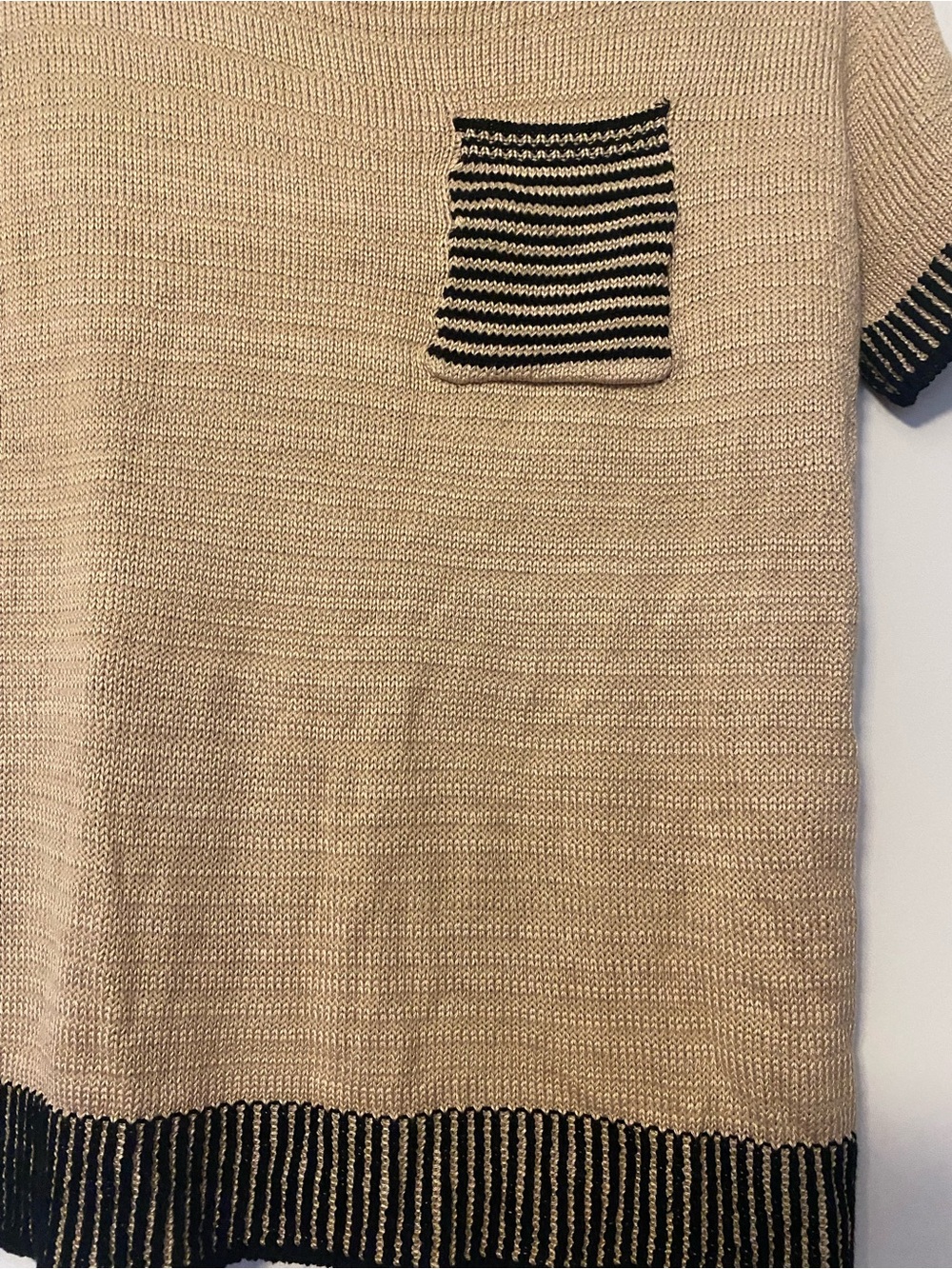 Beige Short-Sleeve Knit Sweater with black stripes